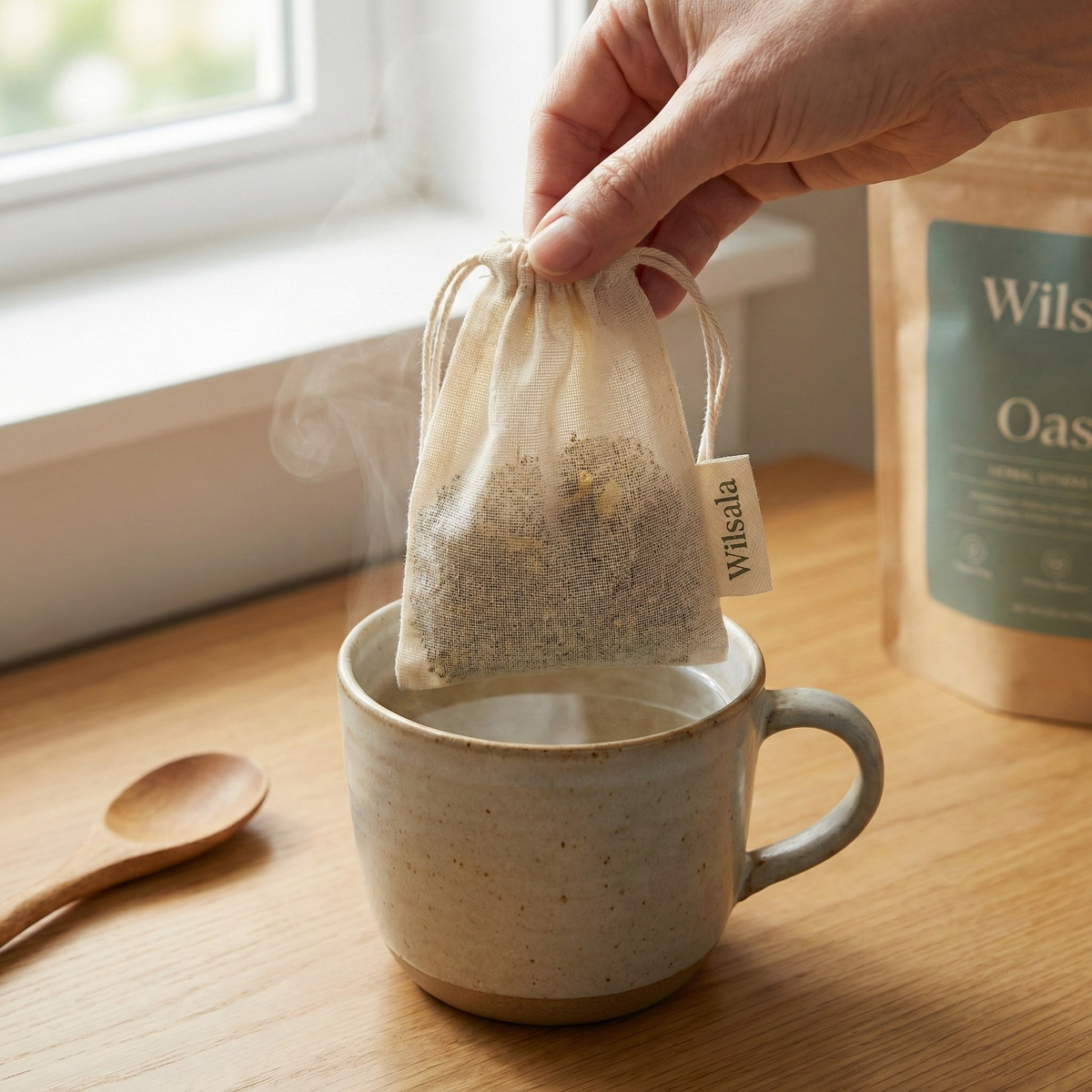 A reusable cotton tea bag steeping in a mug